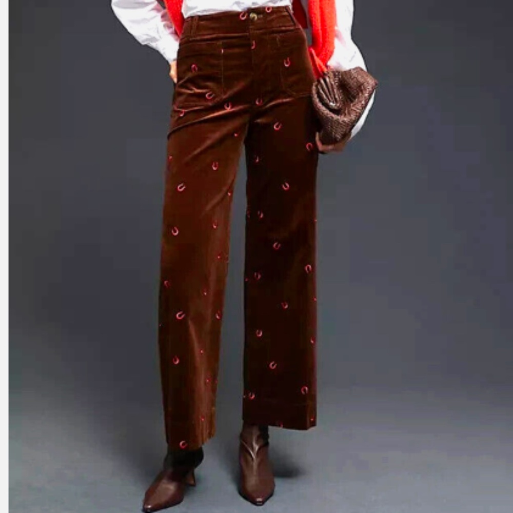 Anthropologie Colette Corduroy Crop Pants Wide Leg Embroidered Horseshoes 27